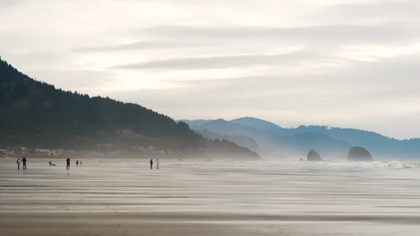 Wide footage of beach in coastal town Cannon Beach, Oregon. Wide shot Royalty-Free Stock Footage #1098357453