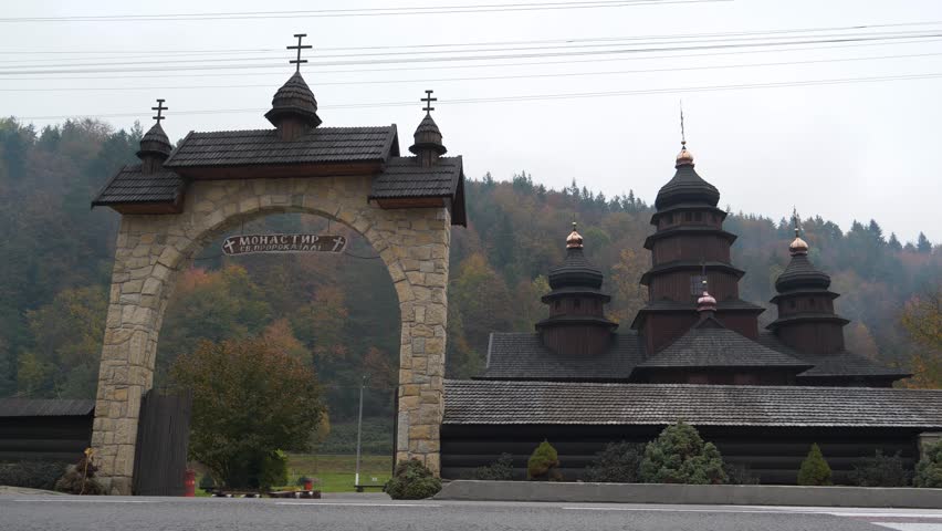 Monastery and Church of Holy Prophet Ilya - unique architectural monument built in Hutsul style in shape of cross in Yaremche city, Carpathian Mountains in western Ukraine