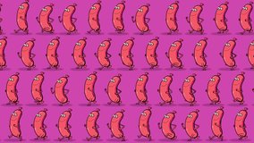 Sausages cartoon characters wallpaper walking on pink background. Cute animation good as backdrop for intro, party, television programme, presentation, etc... Seamless loop.
