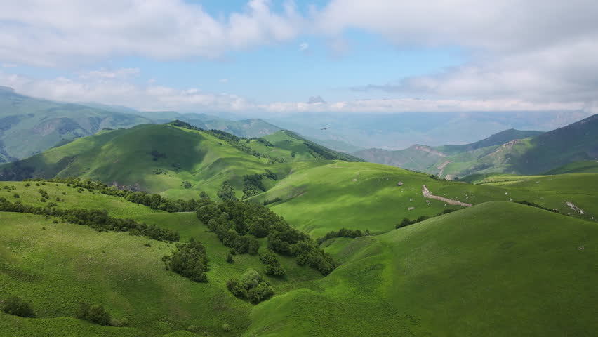 Aerial view of a bird of prey flying over an alpine green mountain valley on a sunny day. Mountain ranges and clouds in the sky. Wild animals in their natural habitat