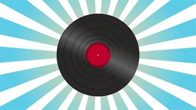 Retro audio music vinyl record old vintage hipster for geeks from 70s, 80s, 90s on blue rays background. Video in high quality 4k, motion design