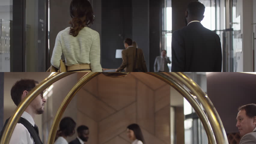 Split screen shot of Black couple getting hotel room key card at reception desk and giving luggage to bellman Royalty-Free Stock Footage #1098362981
