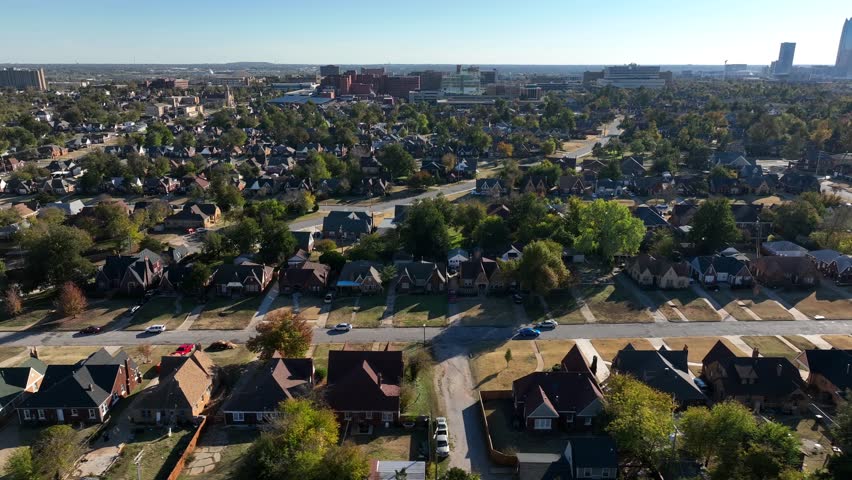 Housing in Oklahoma City OKC USA. Aerial truck shot on autumn fall day.