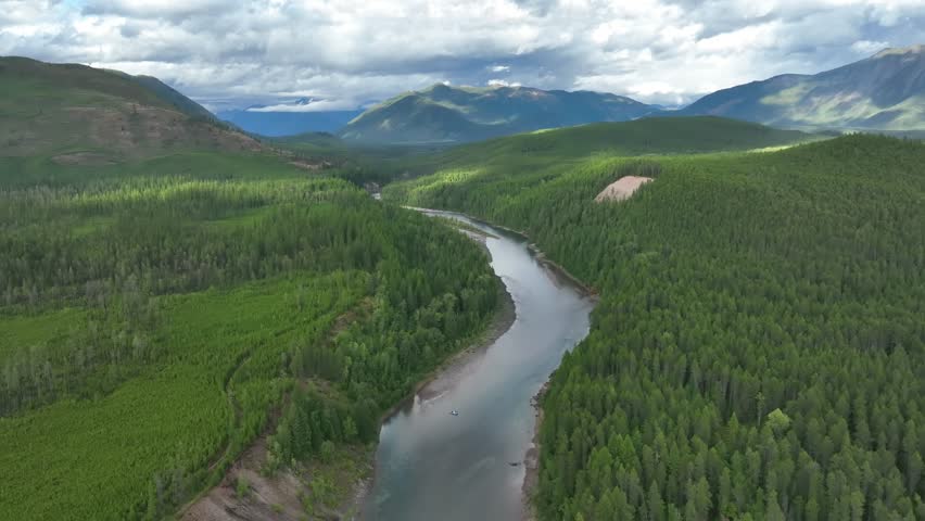 Aerial View Of Flathead River And Forest Landscape Near Glacier National Park In Montana, USA.