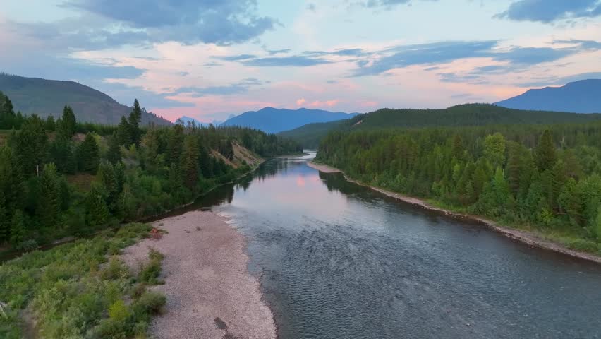 Aerial Of Flathead River In North Fork Near Glacier National Park In Northwest Montana, USA.
