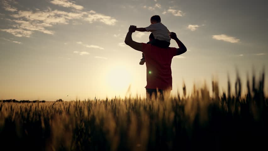 Happy family. Father Day.Baby sits on father neck.Boy on his father shoulder play in nature in field.Family of farmer in wheat field at sunset.Child pilot of aircraft on neck of father shoulders Royalty-Free Stock Footage #1098372159