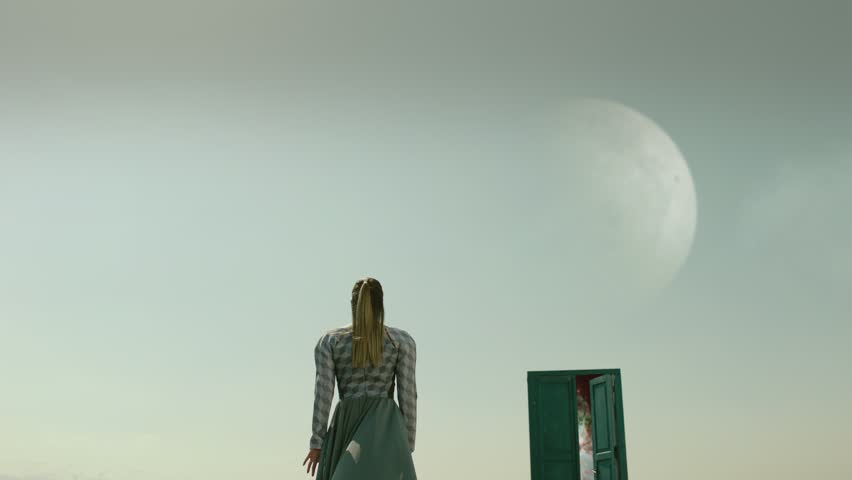 Footage of female model walking on field near door . Young stylish lonely girl stand on meadow field at day time . Long skirt fabric flowing by wind . Concept of fantasy mystic dreams or teleportation Royalty-Free Stock Footage #1098373591