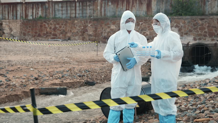 Ecologist sampling water from the river with test tube and save data to laptop computer, Biologist in a protective suit and mask collects sample of waste water from industrial, problem environment