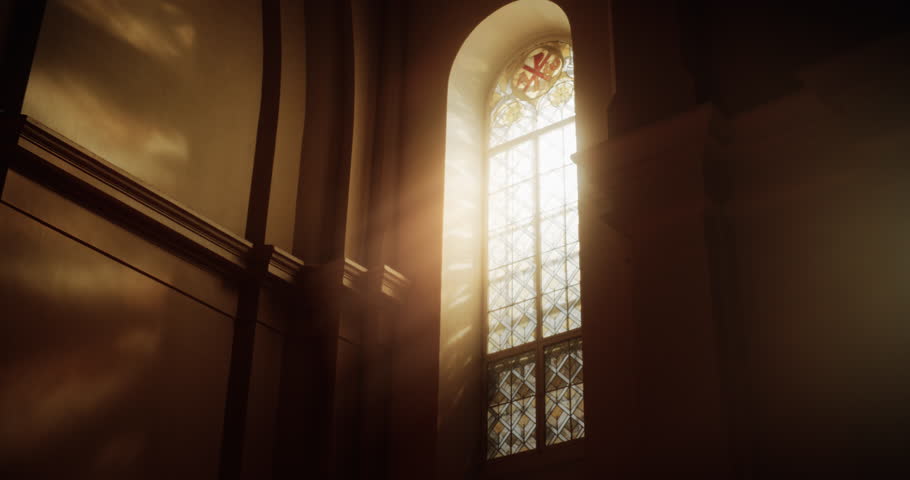 The Sun's Rays Streaming Through Stained Glass Windows of The Cathedral, Blessing The Church With A Heavenly Light that Enters House Of The Lord. A Reminder Of God's Love And Grace. Cinematic Concept Royalty-Free Stock Footage #1098380859