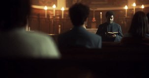 Service Sermon In Christian Church: Portrait of Minister Leading Congregation In Prayer, Reads From Holy Book, The Bible, Gospel of Jesus. Priest Providing Guidance, Belief, Hope, Faith to People - Powered by Shutterstock - Get 15% off with code: PIKWIZARD15