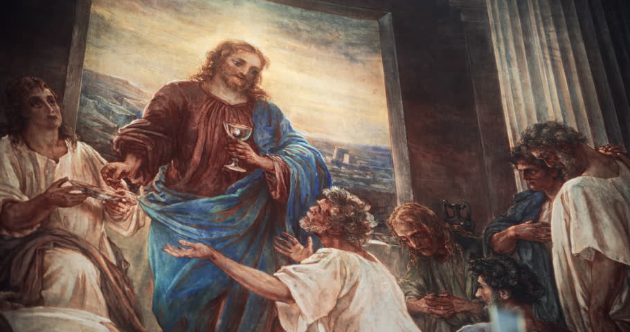 Cinematic Camera Showing A Mural Painting of Last Supper of Jesus Christ in a Church and Ending with a Sculpture of his Crucifixion. Representation of the Lord