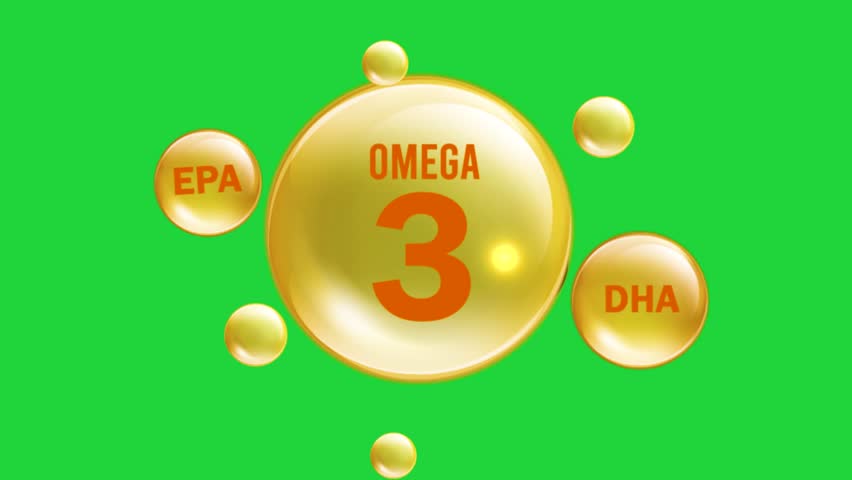 Omega 3 gold icon. Vitamin drop pill capsule. 4K Shining golden essence droplet on green screen background.