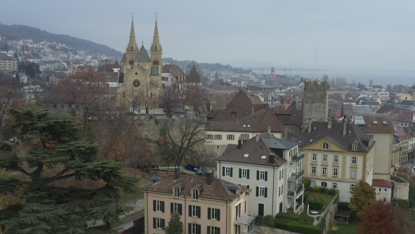 Aerial view of the Collegiate Church of Neuchatel in Switzerland. 4K