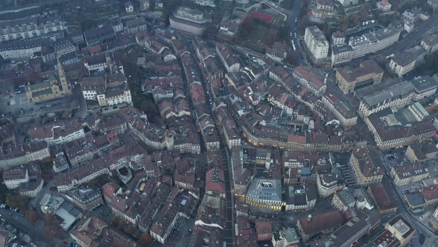 Aerial view of the old town of Neuchatel in Switzerland. 4K