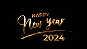 Happy New Year 2024 text in gold color with sparkling effect, Elegant Calligraphic on black background, Handwritten Lettering for Postcard, Poster, Banner Design Element. Happy New Year 2024. - Powered by Shutterstock - Get 15% off with code: PIKWIZARD15