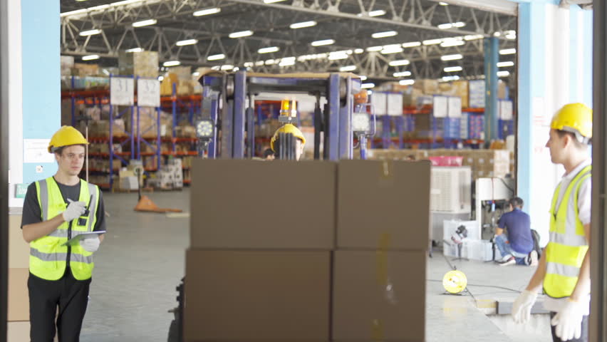 Teamwork of workers driving Fork lift truck with pallet car vehicle in warehouse retail store industry. Rack of stock storage.Cargo in ecommerce and logistic. Depot. People lifestyle. Shipment service | Shutterstock HD Video #1098391465