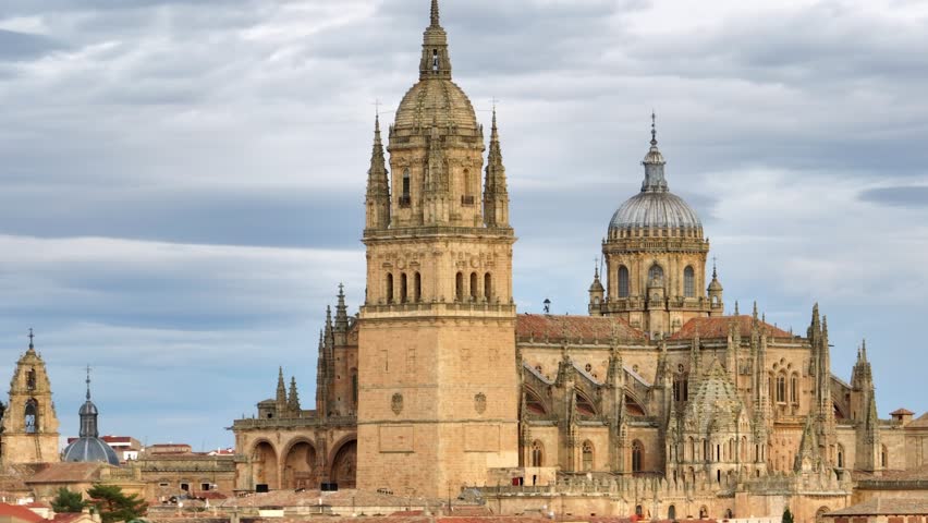 Cathedral of Salamanca, spanish tourism landmark and travel destination, aerial drone view.
