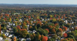 Early afternoon autumn fall aerial video over Saratoga Springs New York	