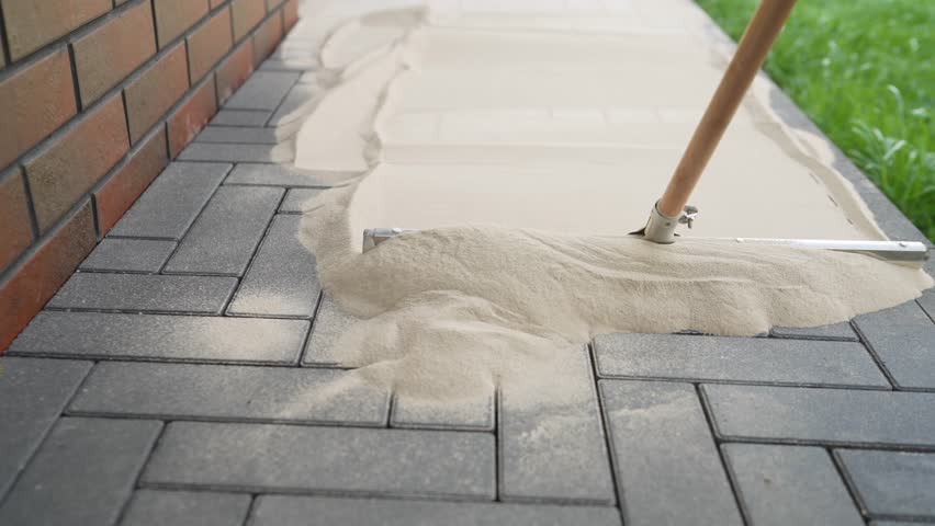 DIY home improvement to back yard. Filling paving joints, Brushing dry sand. Finishing work. Sand mortar for paving stones. | Shutterstock HD Video #1098400315
