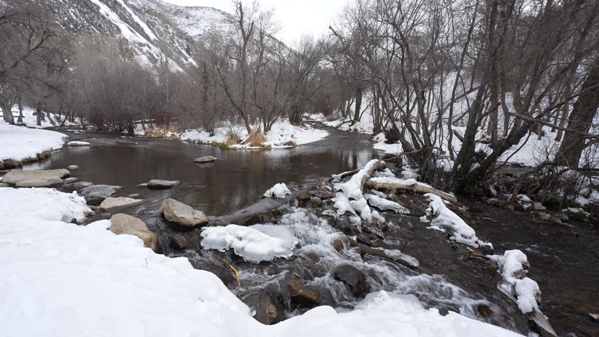 South Fork of the Provo River during winter in Utah as the water flows.