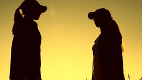 Partners shake hands in front of sky. Silhouette of business people. Teamwork of business people in Agricultural industry. Women farmers work outdoors, discussing harvest. Peasants grow vegetables - Powered by Shutterstock - Get 15% off with code: PIKWIZARD15