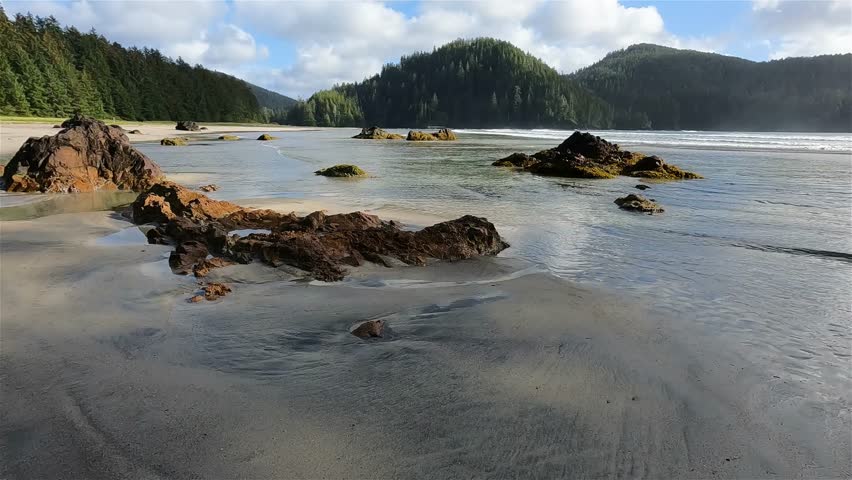 Sandy beach on Pacific Ocean Coast View. Sunny Blue Sky. San Josef Bay, Cape Scott Provincial Park, Northern Vancouver Island, BC, Canada. Canadian Nature Background. Cinematic 4k Slow Motion