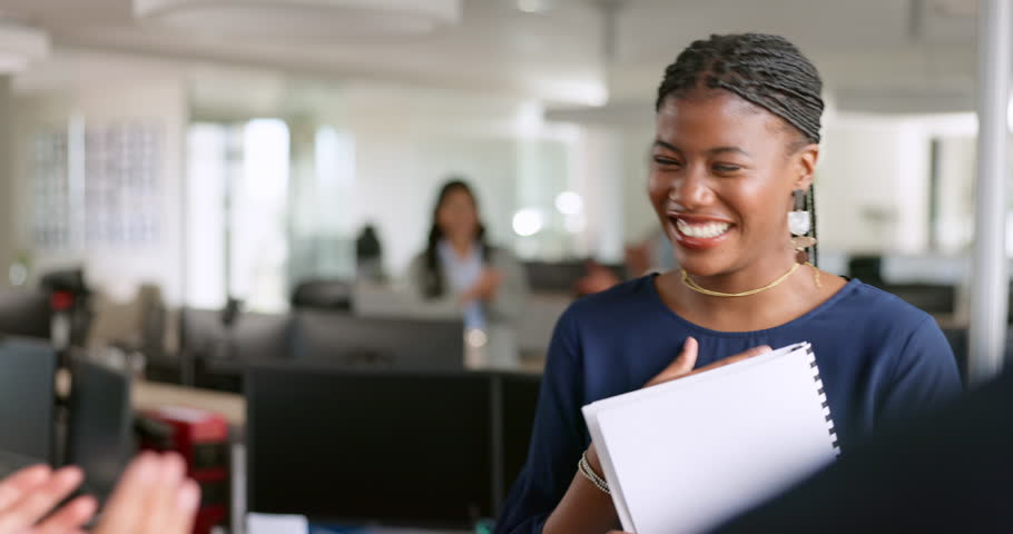 Black woman, high five handshake and happy with success, goals and teamwork in finance office. Diversity group, financial team and shaking hands for congratulations, winning or motivation in New York Royalty-Free Stock Footage #1098406981