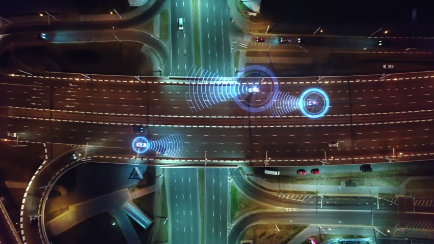 Smart city of the future at night. View from above at self driving cars on a road intersection. Autonomous driving systems, control vehicles through artificial intelligence. Animation of road scanning Royalty-Free Stock Footage #1098415589