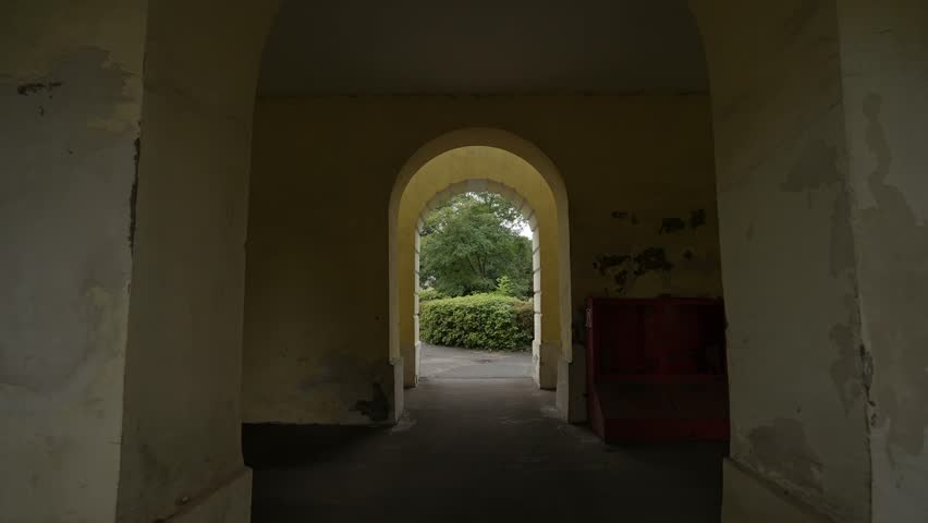 The famous arch of the Gorenki estate of the XVII century. Dolly camera shot