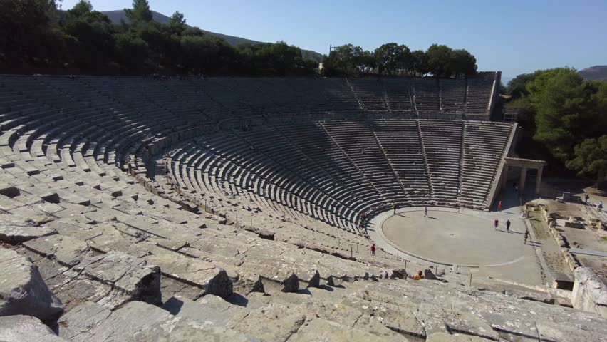 Walking around the amphitheater Kinortio Oros, Epidavros, Greece on a sunny day in autumn.