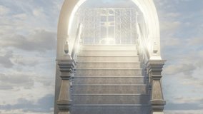 Stairway to Heaven. Golden stairs with Heavens gate. 4K video animation 3D rendering. 