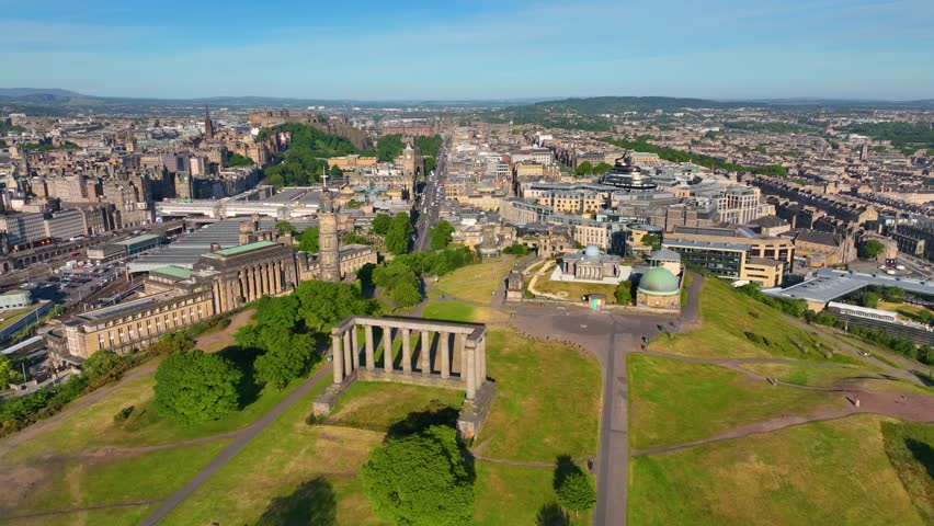 National Monument, Nelson Monument and City Observatory aerial view on Calton Hill in New Town of Edinburgh, Scotland, UK. New Town Edinburgh is a UNESCO World Heritage Site since 1995. 