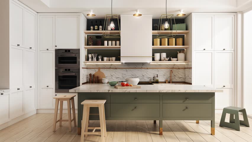 Animation of a modern, decorative and spacious kitchen, presenting the same interior in different color versions with changing decors, shades and finishing materials. 3D animation. | Shutterstock HD Video #1098423715
