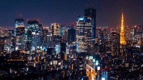 Time-lapse of Tokyo Tower in Minato, Tokyo, Japan at night