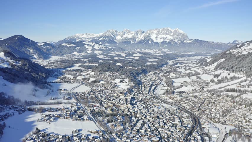 Wintry Kitzbuehel in deep snow in the middle of the Alps, Tyrol, Austria