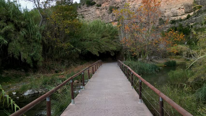 Montanejos. Natural pools. River. Bridges. Stone canyons. Trout. Birth of water. Waterfalls. Spa. Idyllic landscape. Autumn. Winter. Castellon. Valencian Community. Spain. Europe.