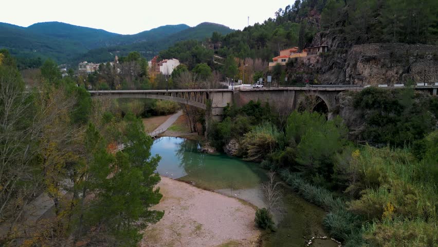 Montanejos. Natural pools. River. Bridges. Stone canyons. Trout. Birth of water. Waterfalls. Spa. Idyllic landscape. Autumn. Winter. Castellon. Valencian Community. Spain. Europe.