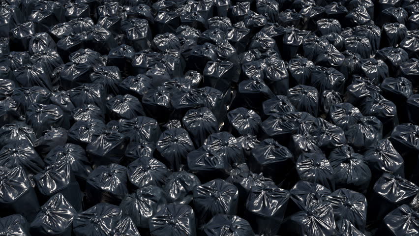 Top view of Black plastic garbage bag full of trash on ground floor. slow motion. 4K. Rotation movement. | Shutterstock HD Video #1098435515
