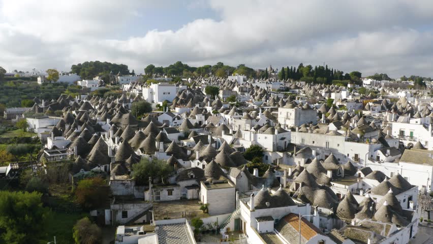 Establishing Shot of Alberobello Homes in Famous Italian Town Royalty-Free Stock Footage #1098436797