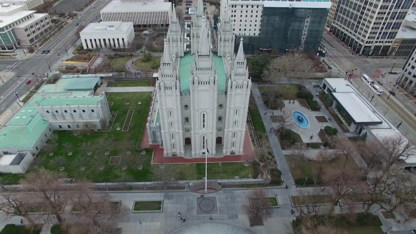 Drone shot of the Temple Square and Salt Lake City Tabernacle in Utah.
