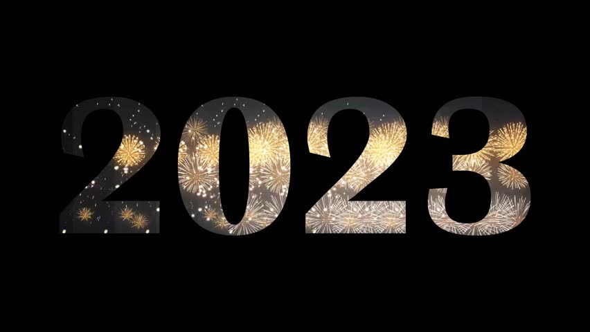 Happy New Year 2023 neon light brightly glowing. Firework 2023 happy New Year dark night sky background with decoration with a neon number on black background. 4K Video. | Shutterstock HD Video #1098438857