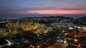 Aerial view footage of Oil refinery, Oil Industry at twilight.