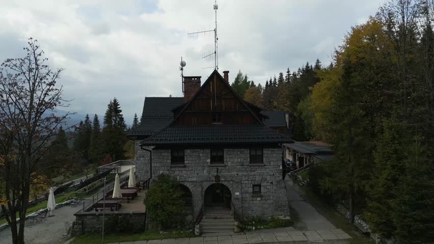 Mountain shelter. Aerial shot, autumn