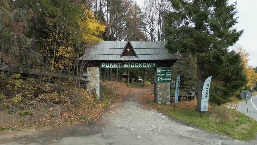 Mountain shelter. Aerial shot, autumn