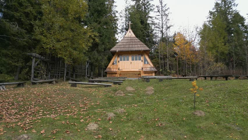 Mountain shelter. Aerial shot, autumn