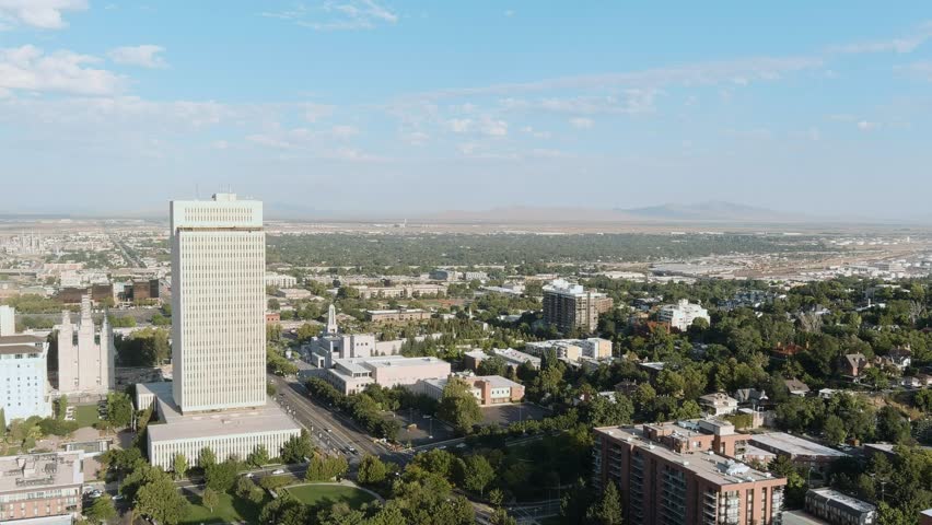 Aerial view of Salt Lake City downtown on a bright summer day.