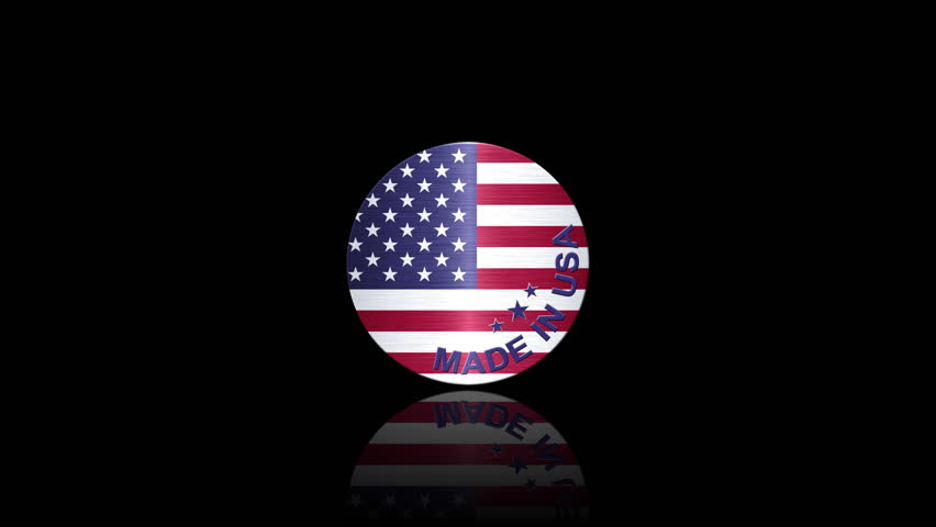 Animation of a 3D coin with the made in USA logo. Made in USA indicates that the product is produced, manufactured and assembled in the United States of America.United states flag.