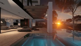4K video rendering of modern cozy house with pool and parking for sale or rent in luxurious style and beautiful landscaping on background. Sunset evening