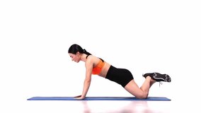 Young sportive girl training over white studio background. Push ups exercise. Full body workout. Modern sport, action, motion, youth concept. Fitness, hobby, healthy lifestyle