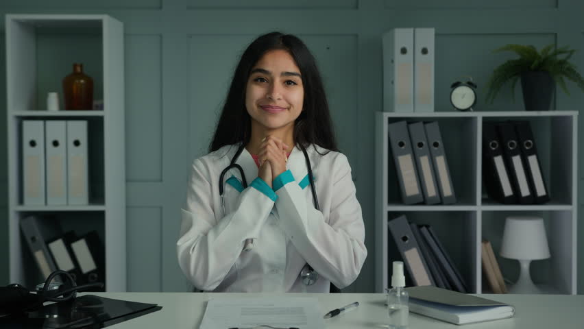 Happy young woman doctor medic looking at camera use virtual video connection consulting patient online share news congratulating good health test results give support clapping hands ovation gesture | Shutterstock HD Video #1098449503